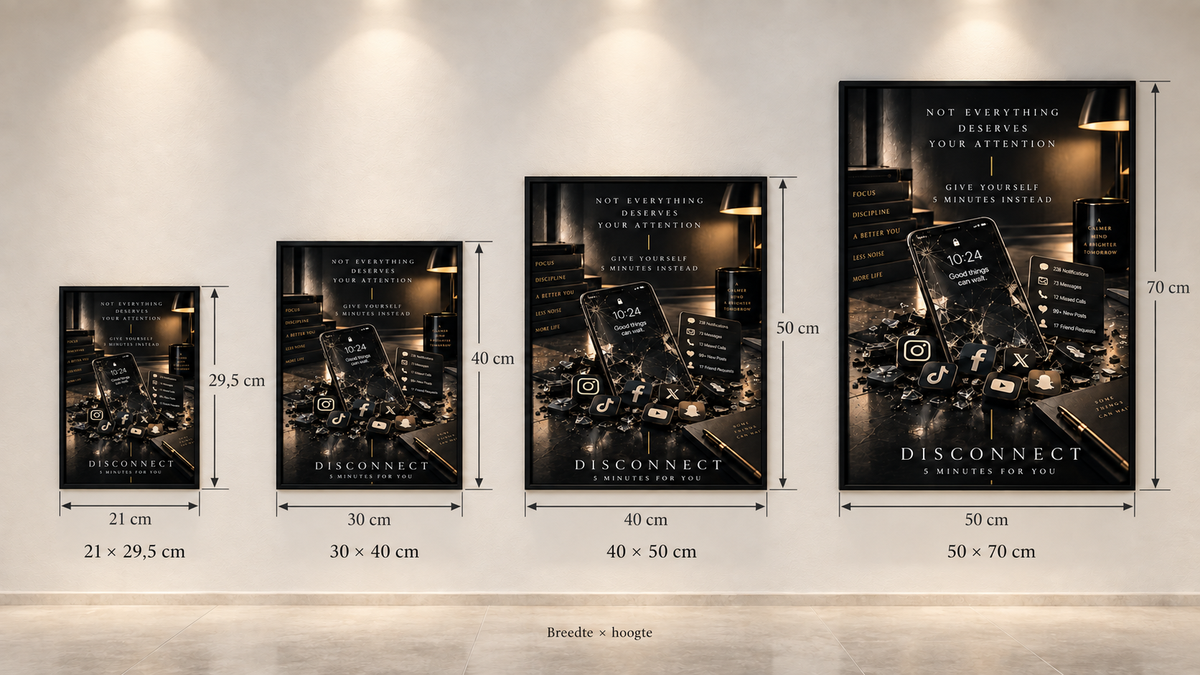 DISCONNECT in vier formaten, met horizontale breedtepijlen en verticale hoogtepijlen: 21 × 29,5, 30 × 40, 40 × 50 en 50 × 70 cm.