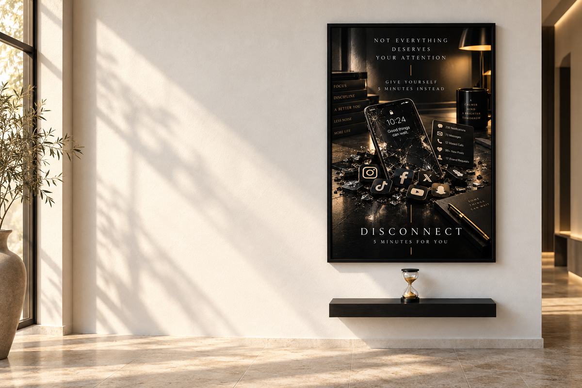 DISCONNECT — complete set op een lichte muur, grote banner.