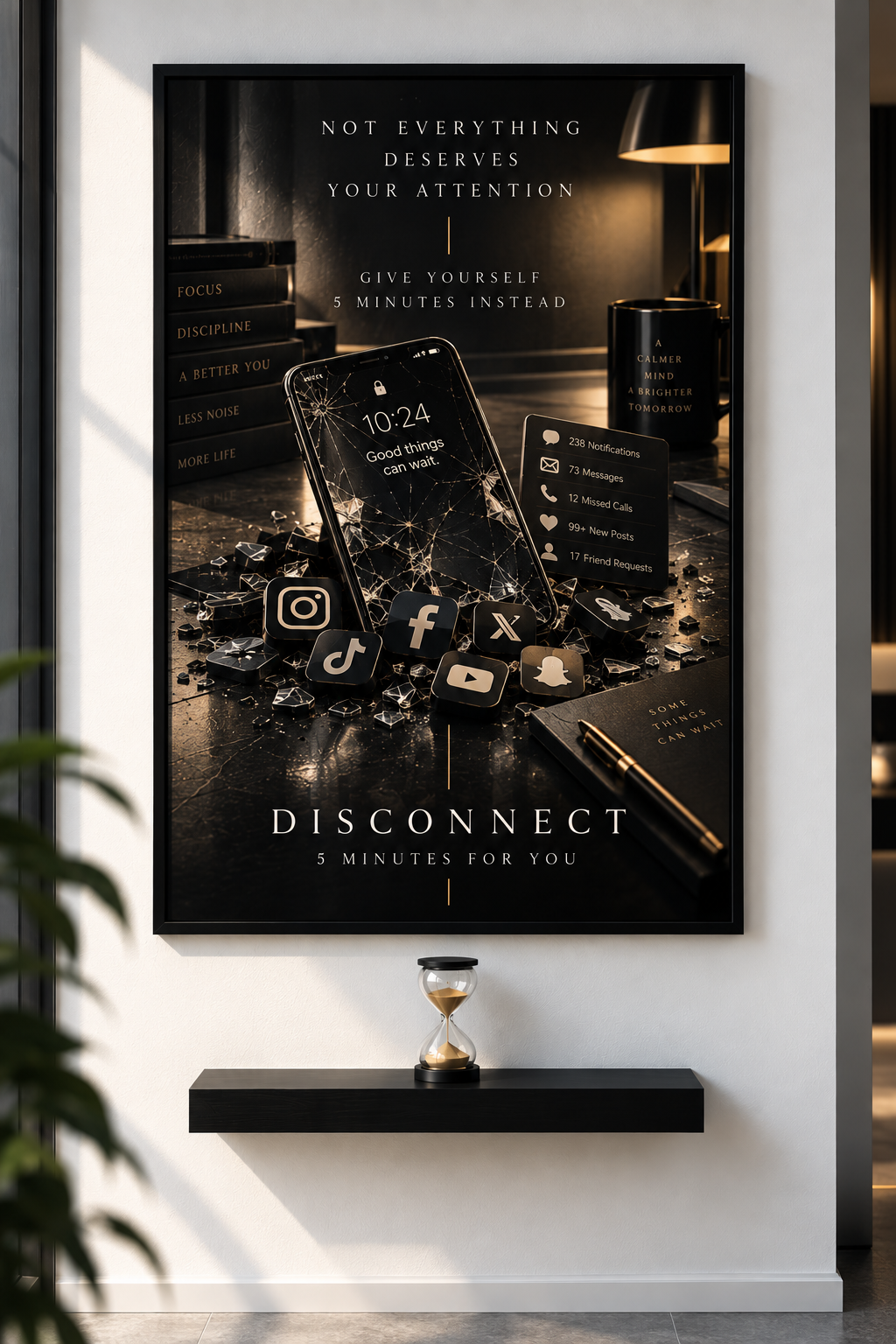 DISCONNECT — kunstprint in zwarte kader met inbegrepen plankje en zandloper.