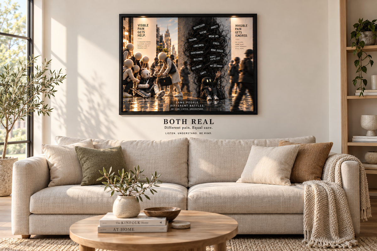BOTH REAL — lichte woonkamer. Digitaal sfeerbeeld van de kunstprint, zwarte kader en wandvinyl.