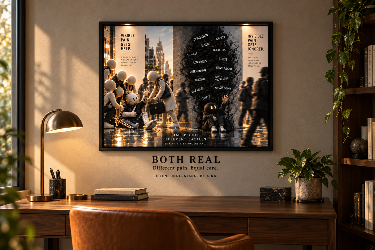 BOTH REAL — warme werkkamer. Digitaal sfeerbeeld van de kunstprint, zwarte kader en wandvinyl.