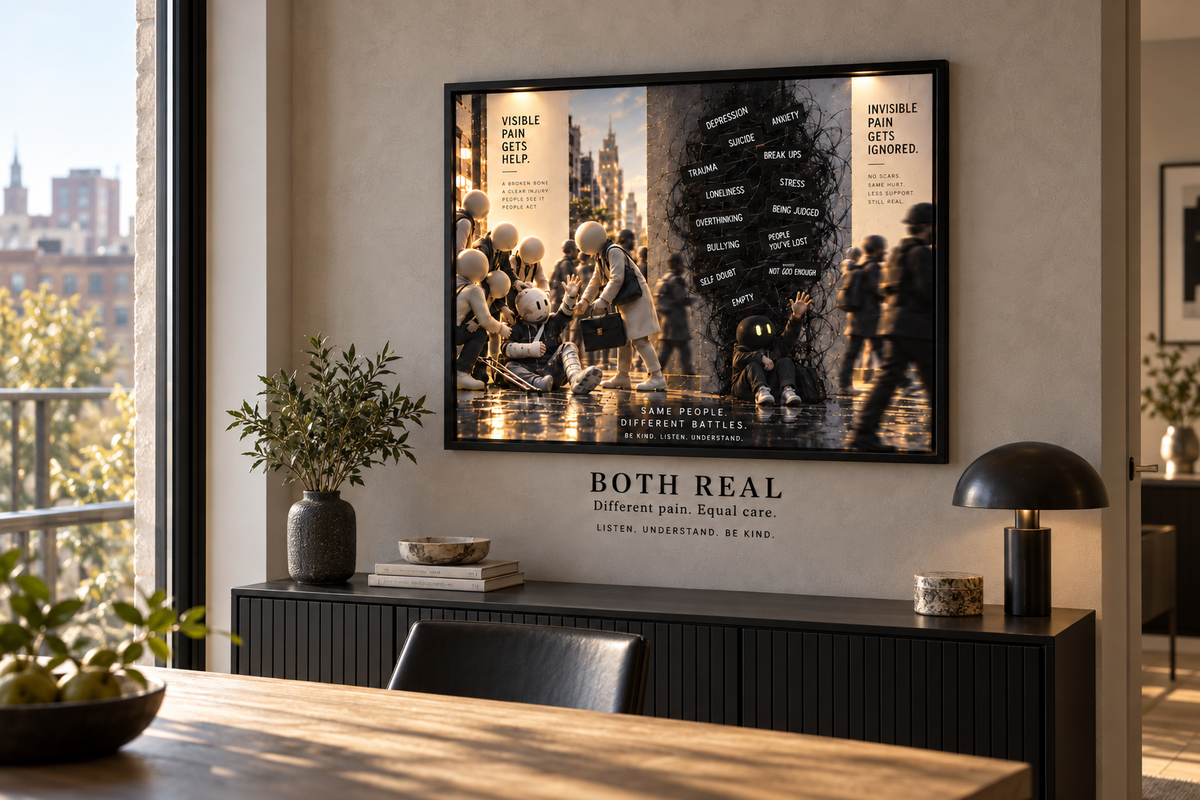 BOTH REAL — moderne eetkamer. Digitaal sfeerbeeld van de kunstprint, zwarte kader en wandvinyl.