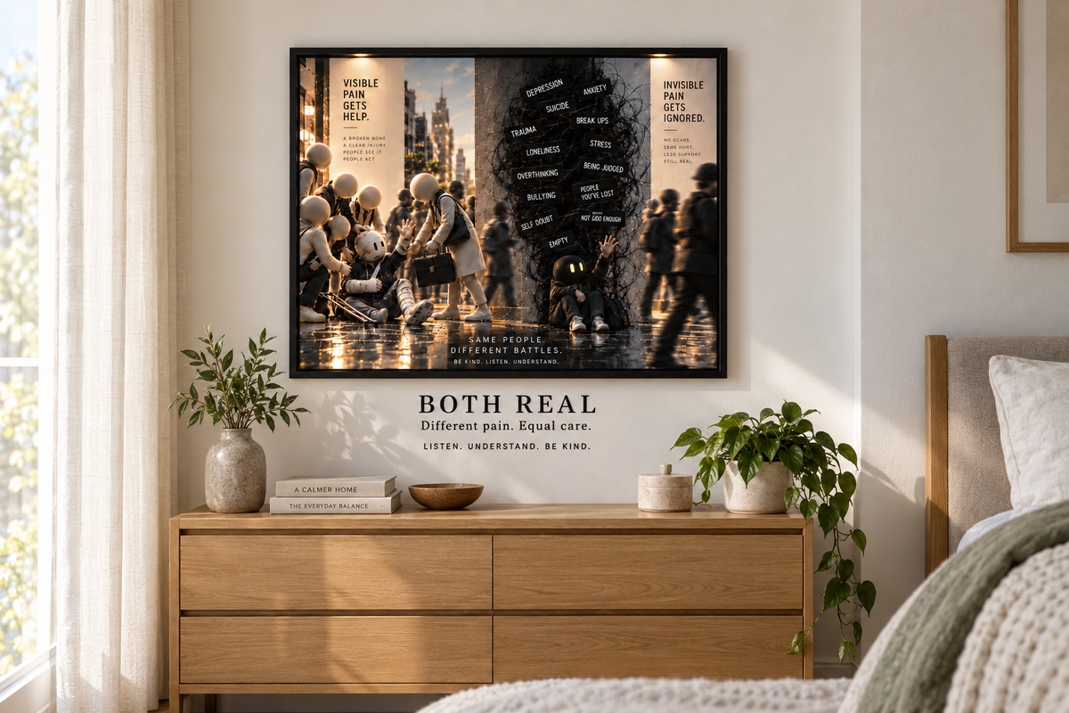 BOTH REAL — rustige slaapkamer. Digitaal sfeerbeeld van de kunstprint, zwarte kader en wandvinyl.