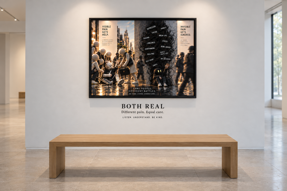 BOTH REAL — museum · witte galerij. Digitaal productbeeld ter illustratie.