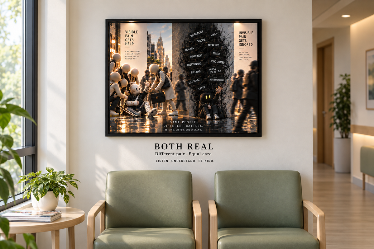 BOTH REAL — ziekenhuis · wachtruimte. Digitaal productbeeld ter illustratie.