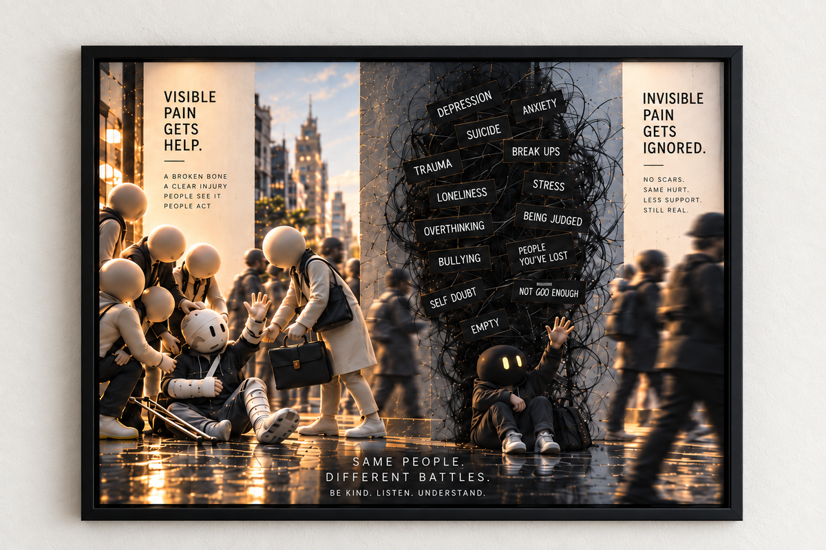 BOTH REAL — volledig vooraanzicht van de kunstprint in zwarte kader.