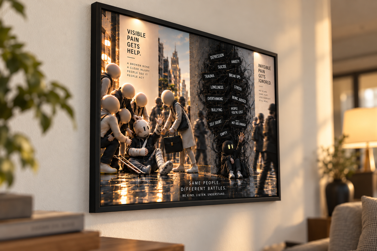 BOTH REAL — close-up · kader en print. Digitaal productbeeld ter illustratie.