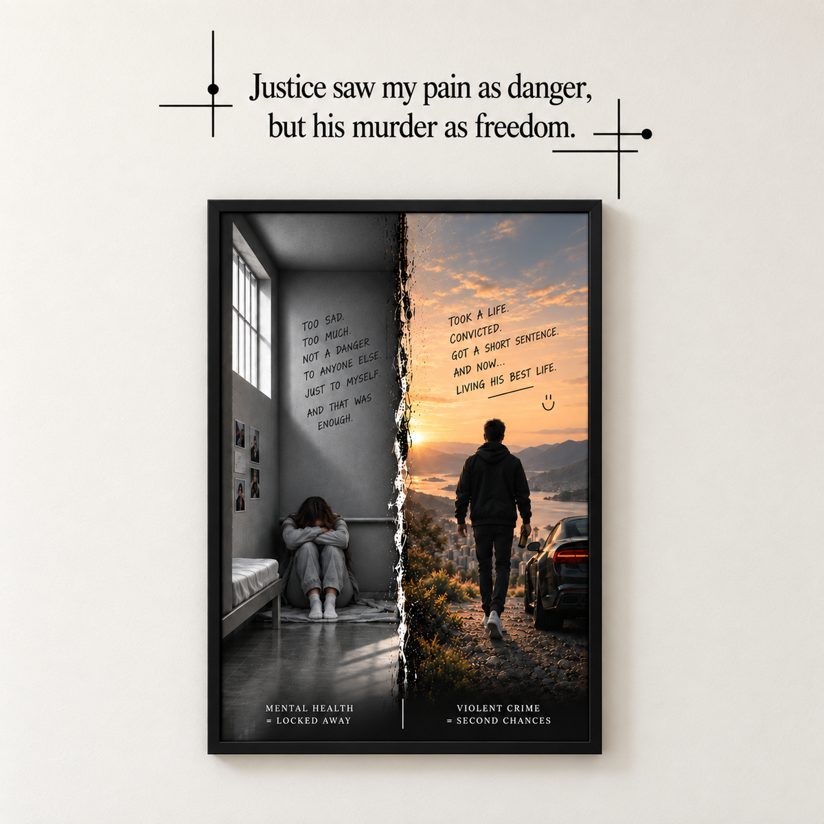 Justice Saw My Pain — complete set met zwarte kader, kunstprint en zwart muurvinyl op een lichte muur.