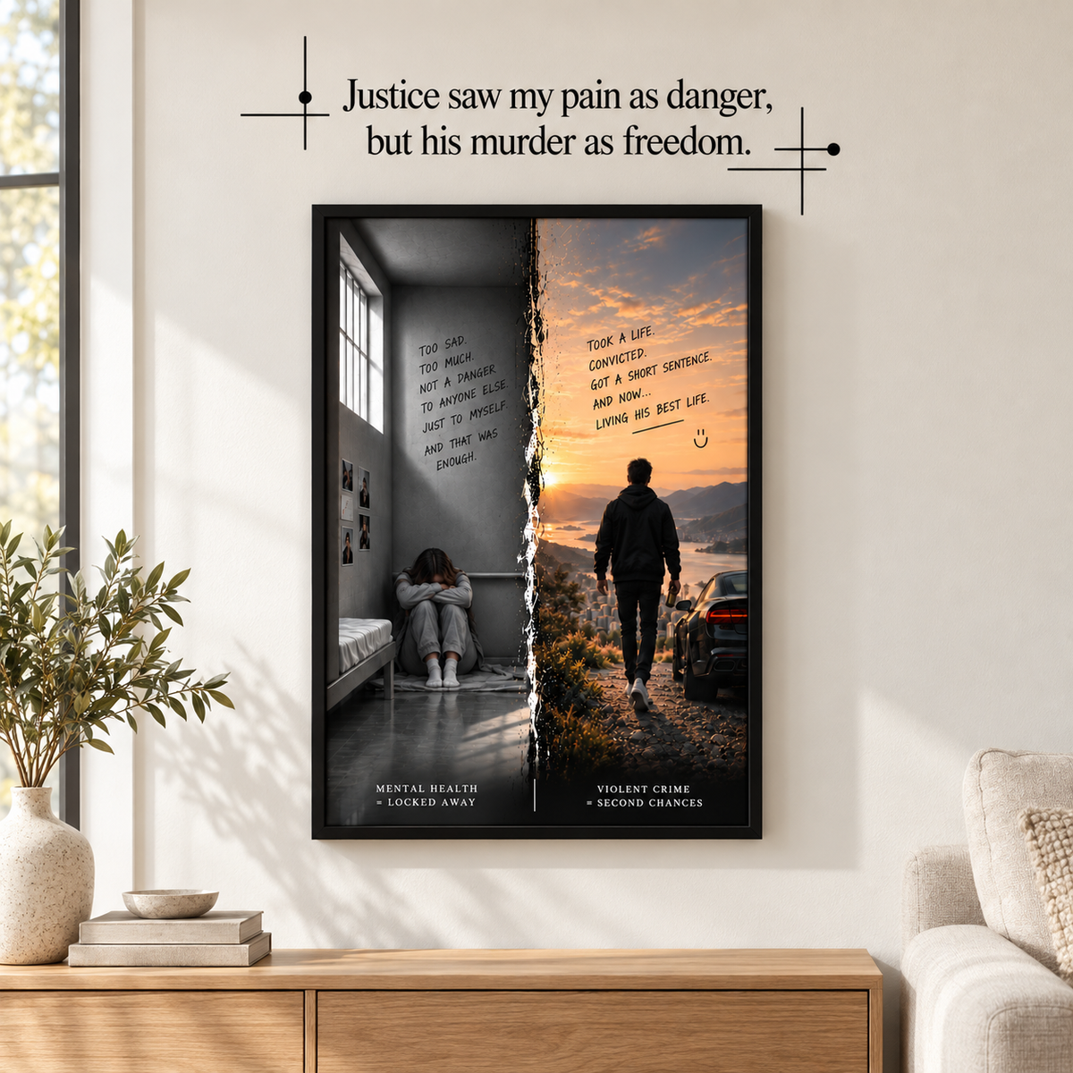 Lichte woonkamer met de complete wandkunstset boven een houten meubel.