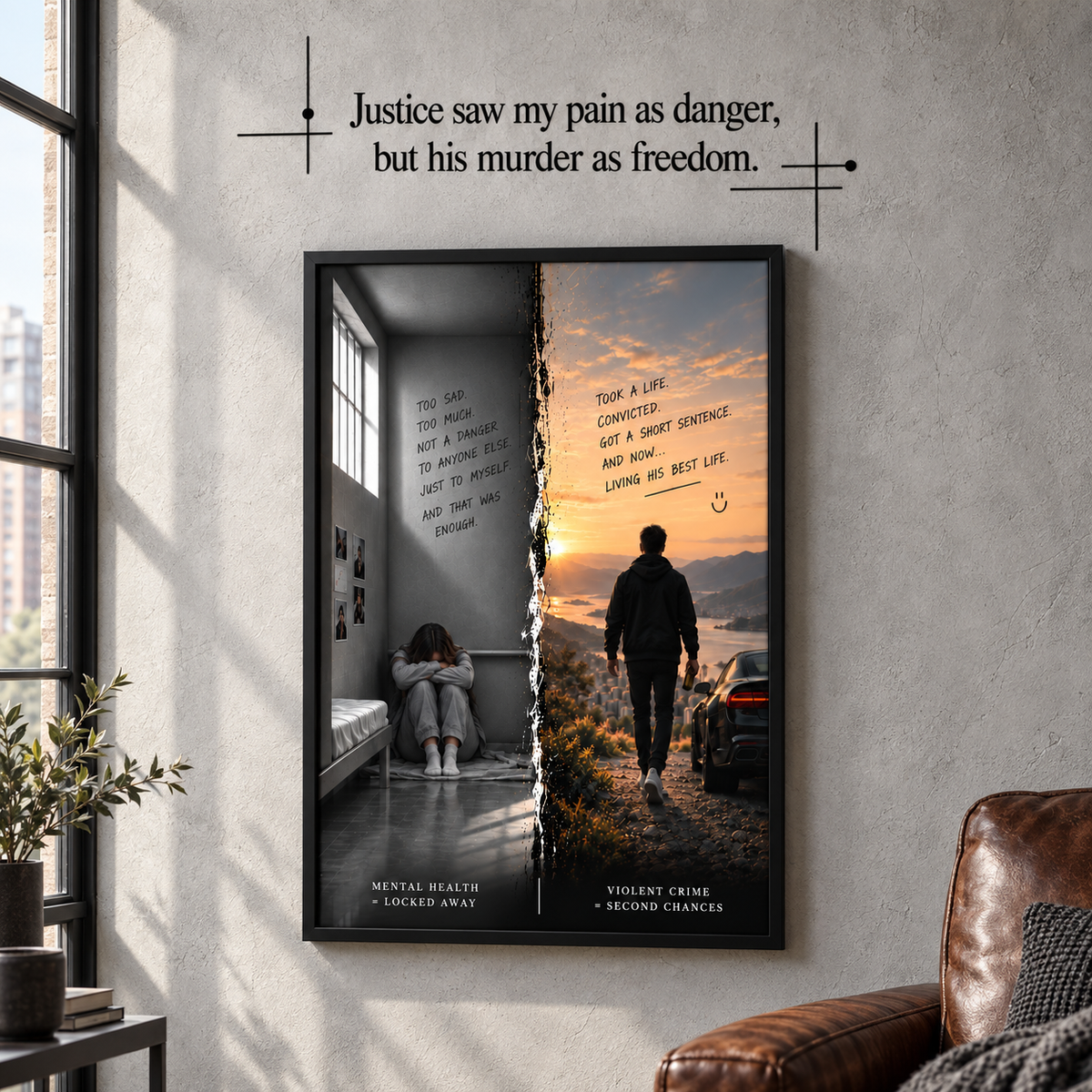 Justice Saw My Pain in een industriële loft met lichte betonwand.