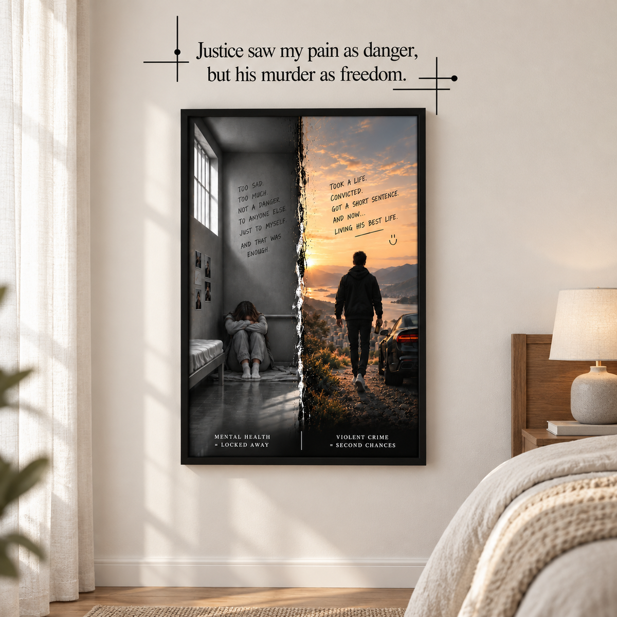 De ingelijste kunstprint en het bijpassende muurvinyl in een rustige slaapkamer.