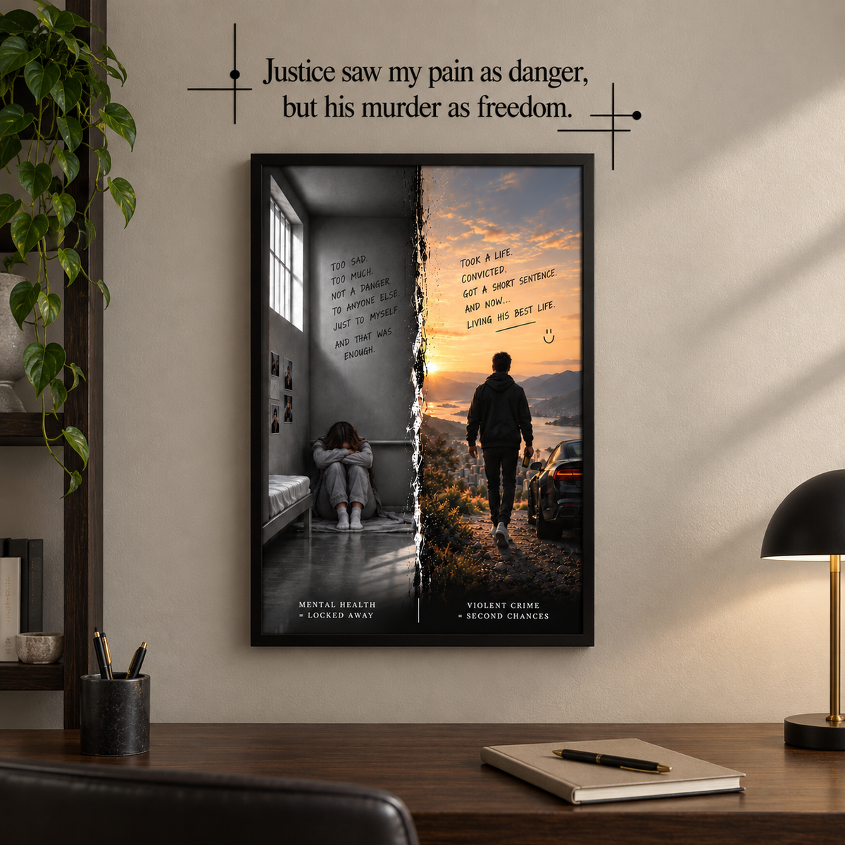 Complete wandkunstset met kader en muurvinyl in een warm thuiskantoor.
