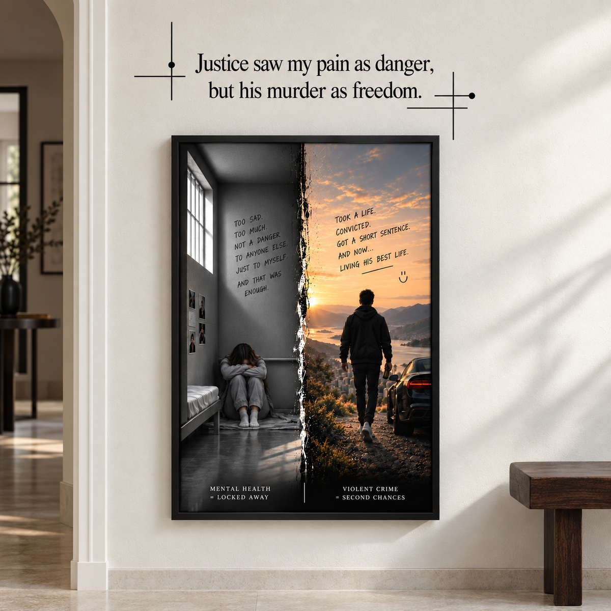 Justice Saw My Pain met zwart muurvinyl in een lichte galerijhal.