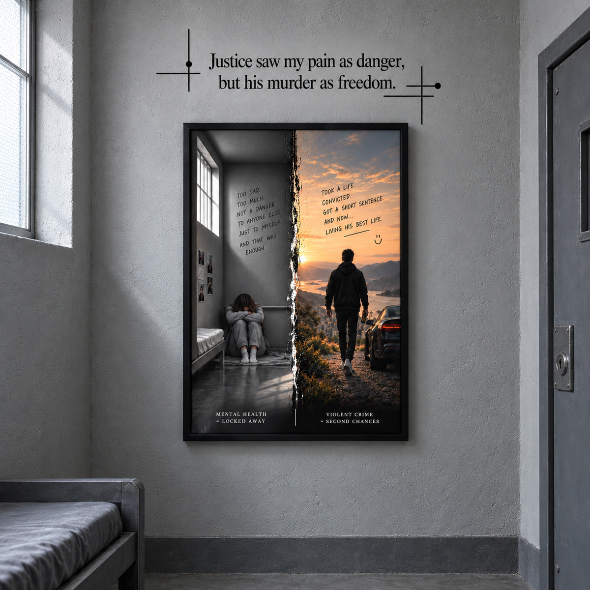 Conceptueel sfeerbeeld van de complete wandkunstset in een lege isoleercel.