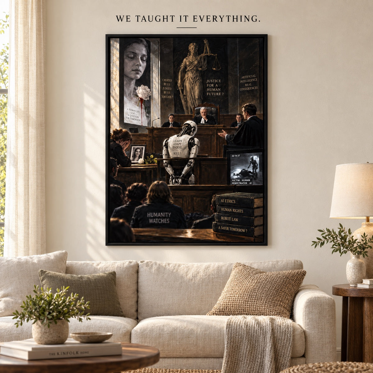 We Taught It Everything, kader met kunstwerk en vinyltekst – Warme woonkamer.