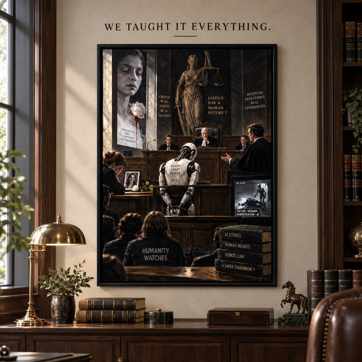 We Taught It Everything, kader met kunstwerk en vinyltekst – Klassiek advocatenkantoor.