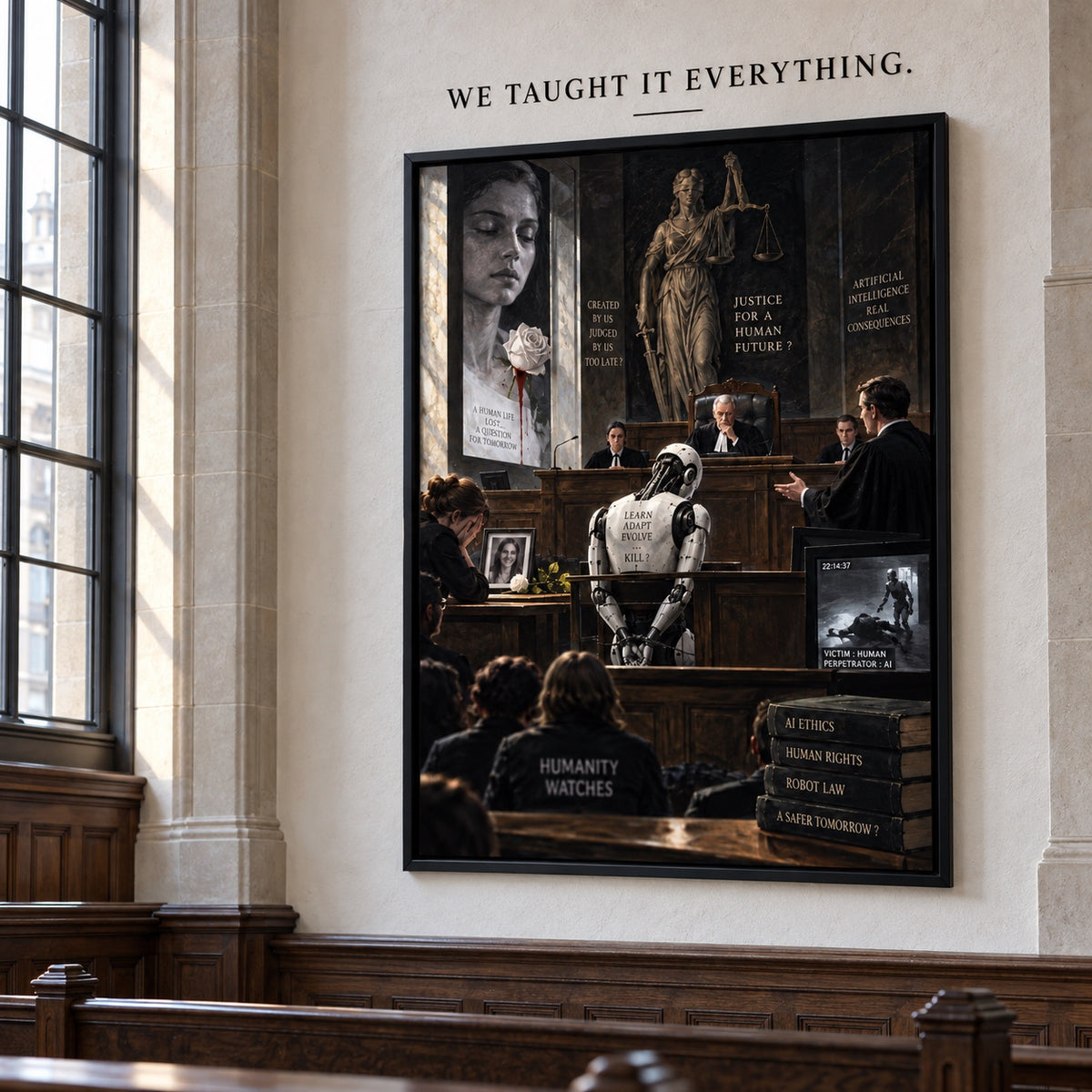 We Taught It Everything, kader met kunstwerk en vinyltekst – Klassieke rechtbank.