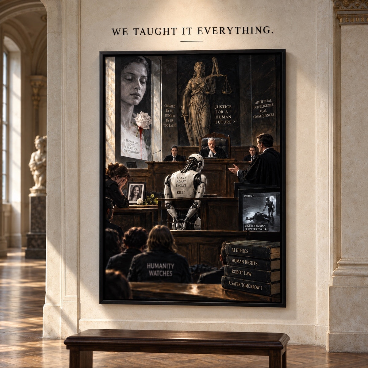 We Taught It Everything, kader met kunstwerk en vinyltekst – Oud museum.