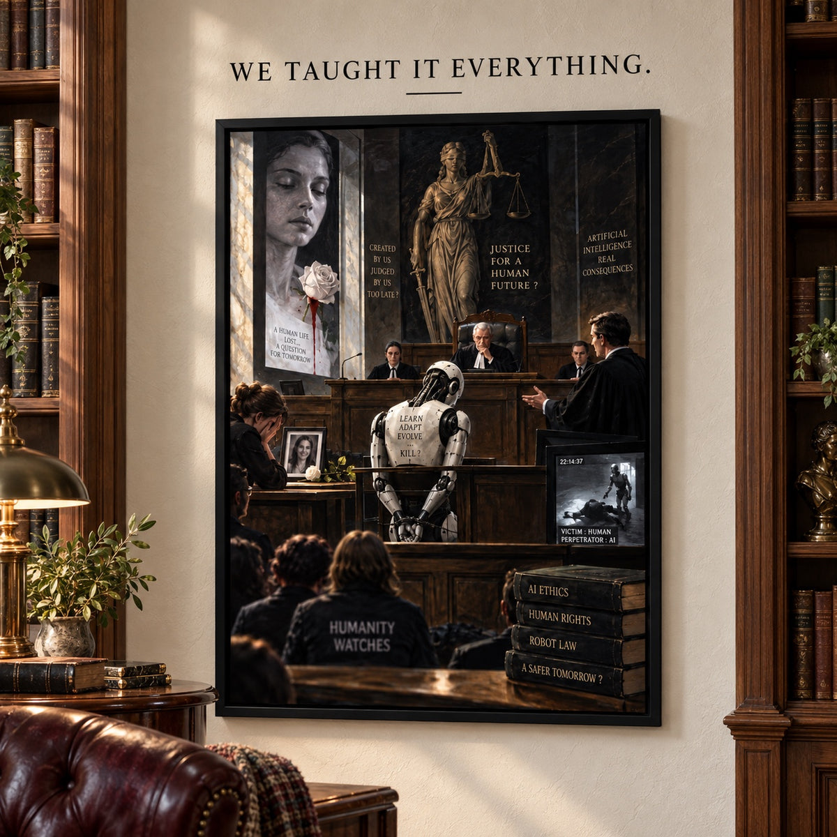 We Taught It Everything, kader met kunstwerk en vinyltekst – Historische bibliotheek.