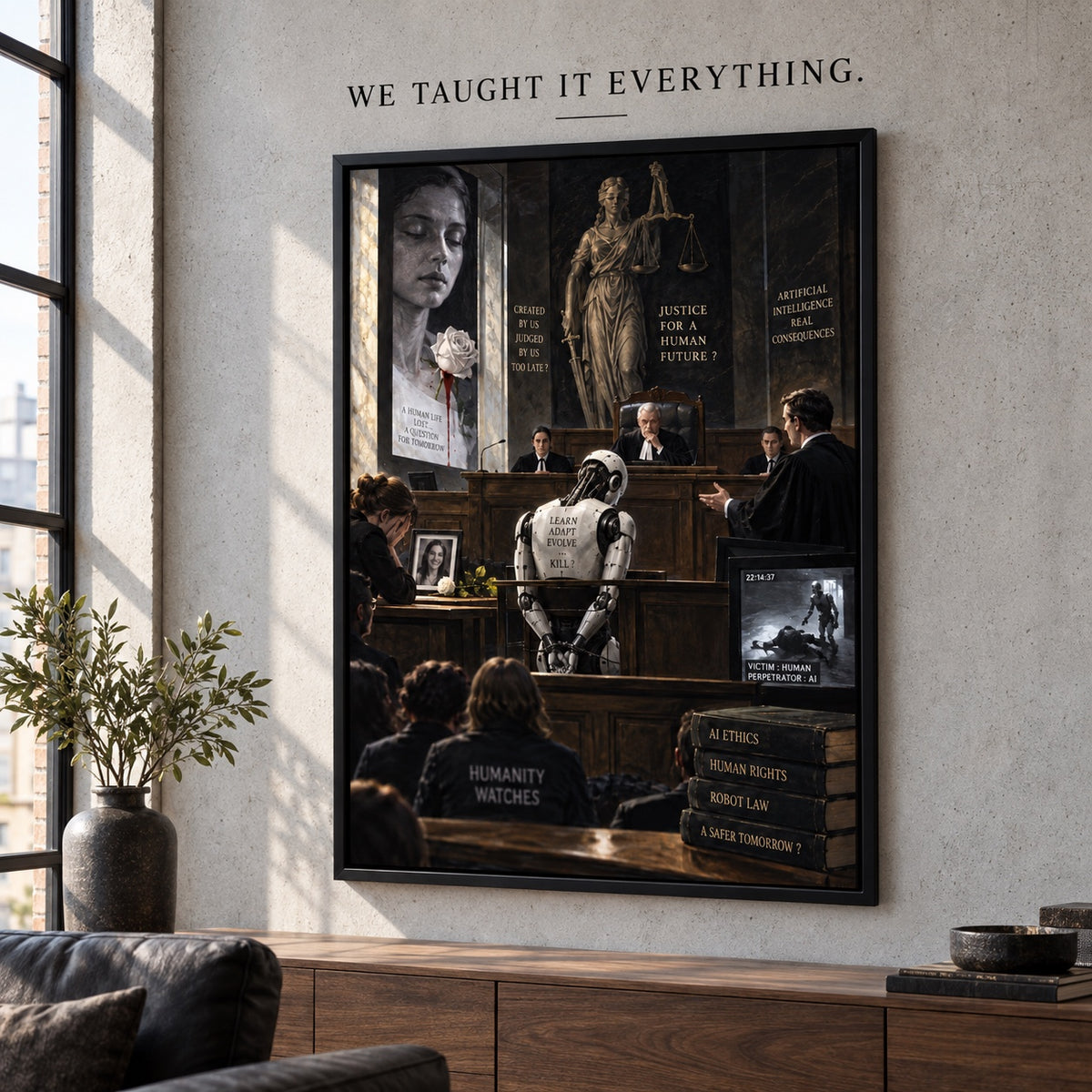 We Taught It Everything, kader met kunstwerk en vinyltekst – Industriële loft.