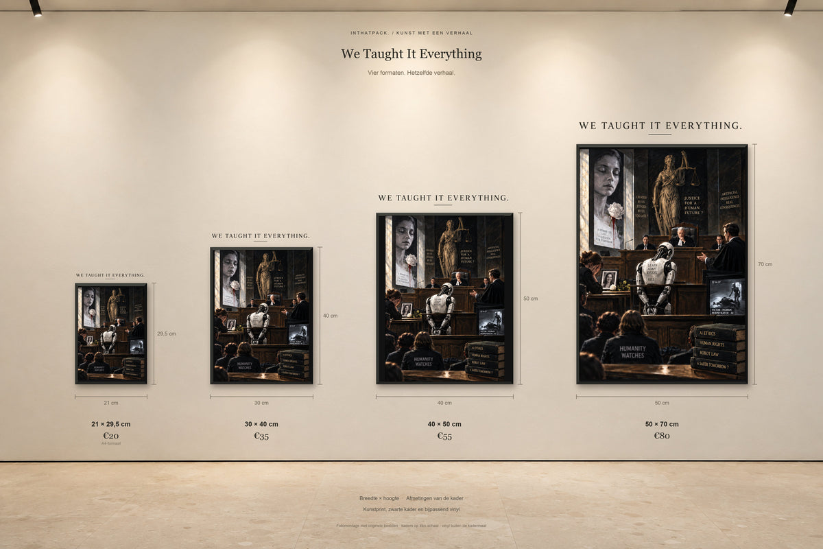 We Taught It Everything — Kader & Muurvinyl: vier staande formaten naast elkaar, op schaal met afmetingen en prijzen.