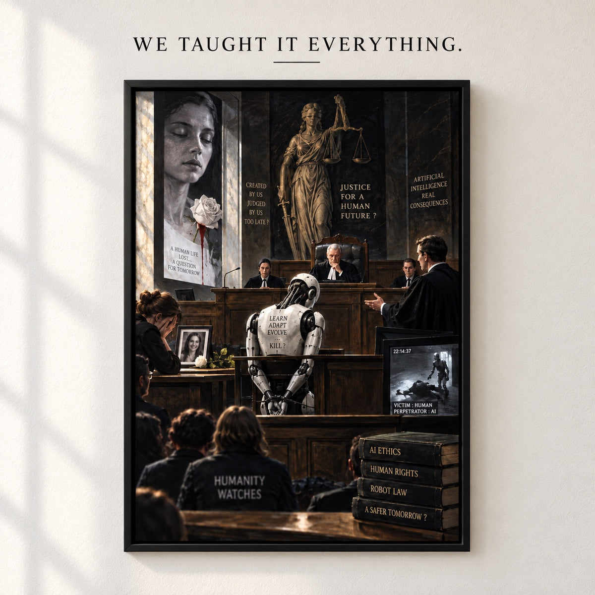We Taught It Everything: zwarte kader van 50 × 70 cm met kunstwerk en vinyltekst op een lichte muur.