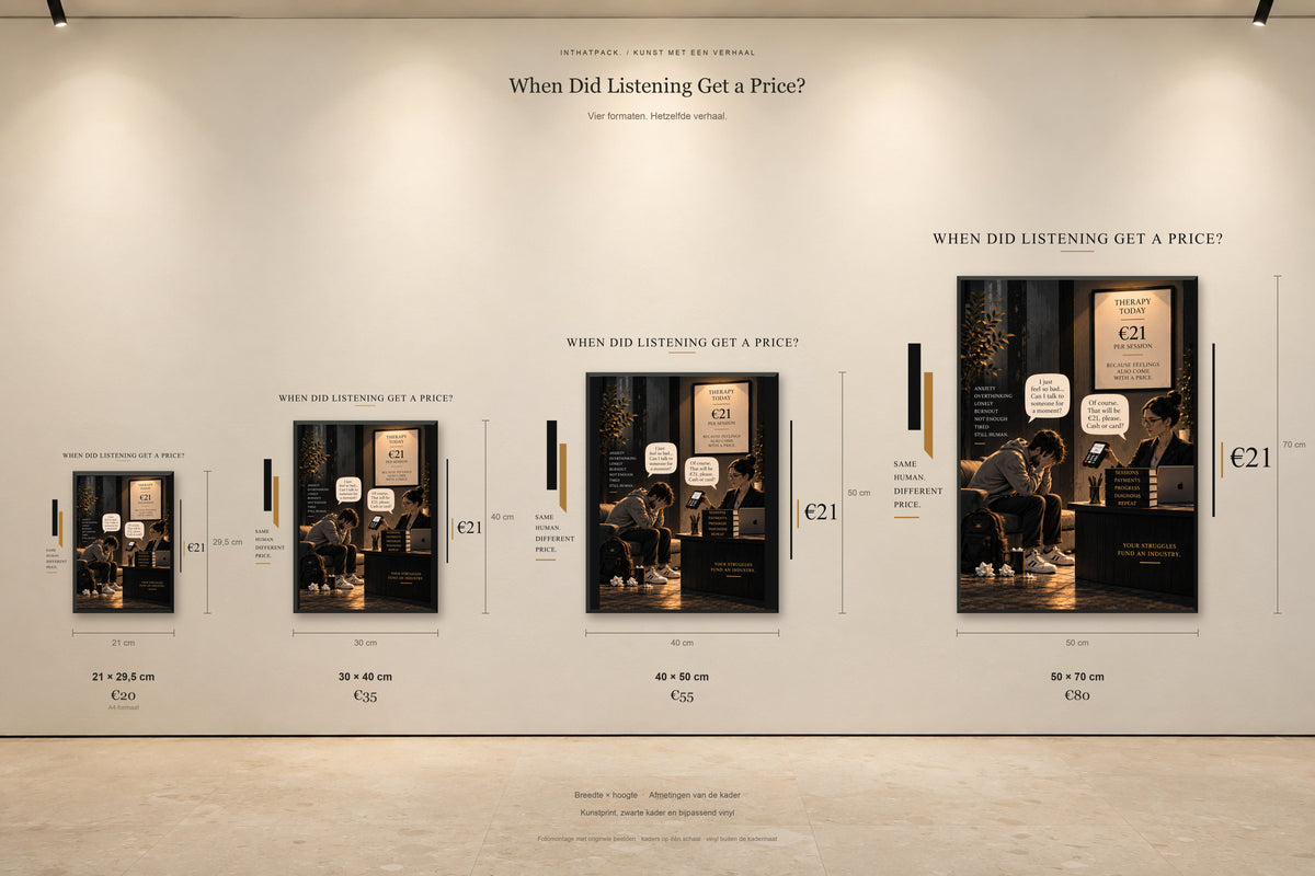 When Did Listening Get a Price?: vier staande formaten naast elkaar, op schaal met afmetingen en prijzen.
